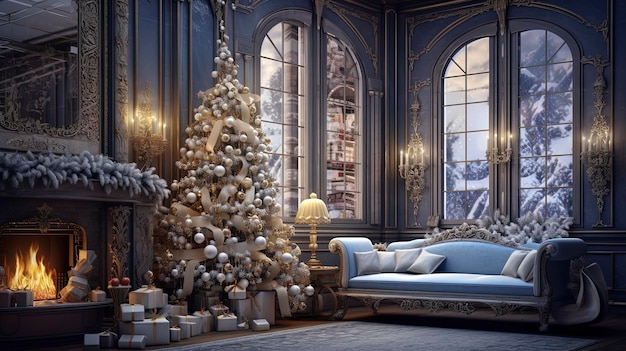 Blaues Weihnachtsinterieur Wohnzimmer mit blauen Wänden, blauem Sofa und Gold und Blau