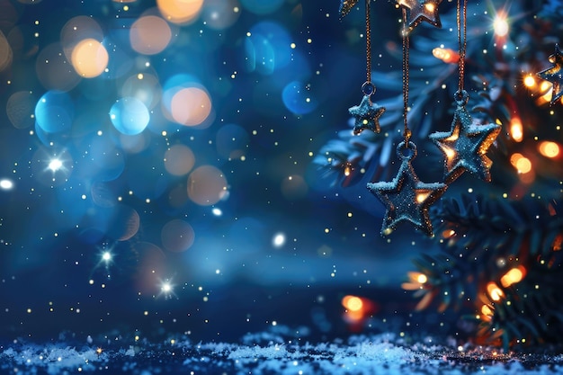 Blaues weihnachtsliches, elegantes, abstraktes Hintergrund mit Bokeh-Lichtern und Sternen