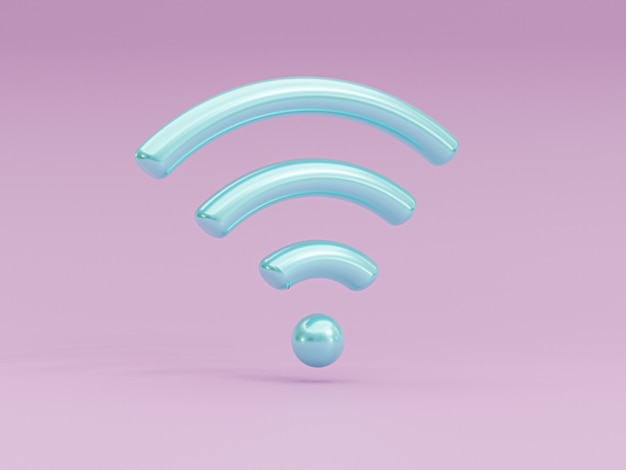 Blaues Wifi-Zeichensymbol auf violettem Hintergrund für drahtloses Netzwerksymbol durch 3D-Rendering-Technik.