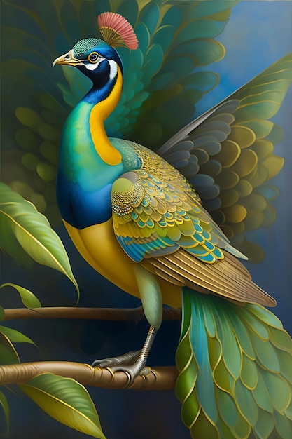 Foto blaugoldener und grüner pfau. kunstvolles, detailliertes, luxuriöses geflügeltes vogelgoldenes ölgemälde