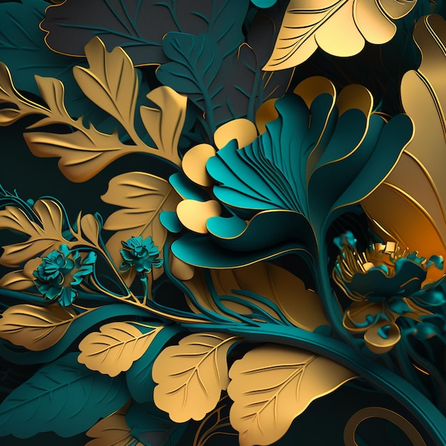 Blaugrün und Goldenfantasy-Blume Illustration für Drucke, Wandkunst, Cover und Einladung Aquarellkunsthintergrund