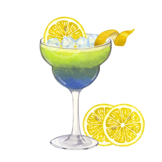 Blaugrüner Strandcocktail mit Zitroneneis. Handgezeichnete Aquarellillustration auf Weiß