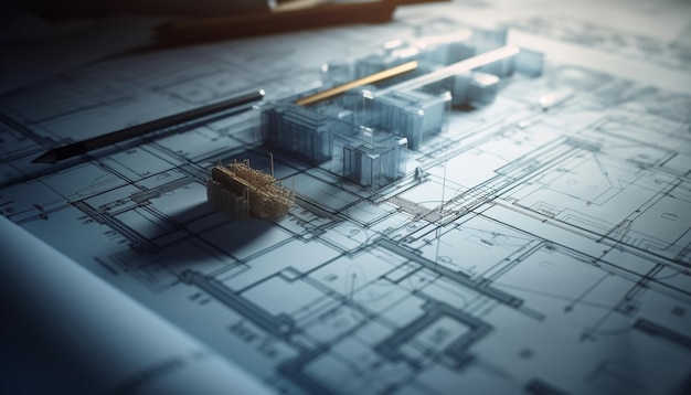 Blaupausen, Pläne und Unterlagen leiten die Entwicklung der modernen Wohnungsbauindustrie, die durch KI generiert wird