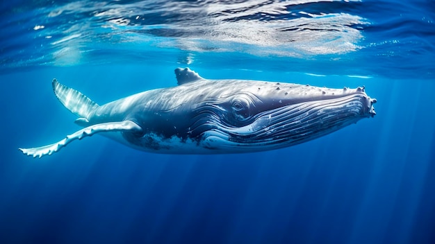 Blauwal schwimmt im blauen Ozean. Unterwasserfotografie