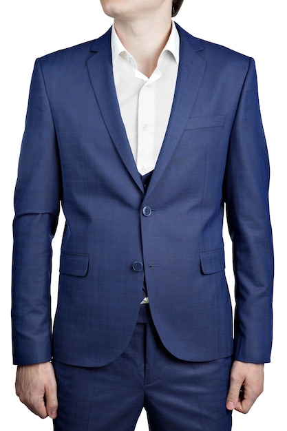 Blazer triplo de terno xadrez mens azul profundo com colete, isolado no fundo branco.