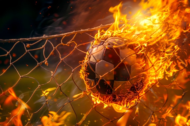Foto blazing soccer ball erzielt ein tor mit net ablaze fiery sports image für content-schöpfer