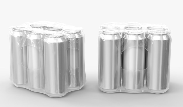 Blechdosen für Bier oder Soda in Plastikfolie Vorder- und Winkelansicht Realistisches Mockup-Set aus sechs Metallgläsern in Schrumpffolien-Aluminium-Getränkeflaschen in transparenter Verpackung auf weißem Hintergrund