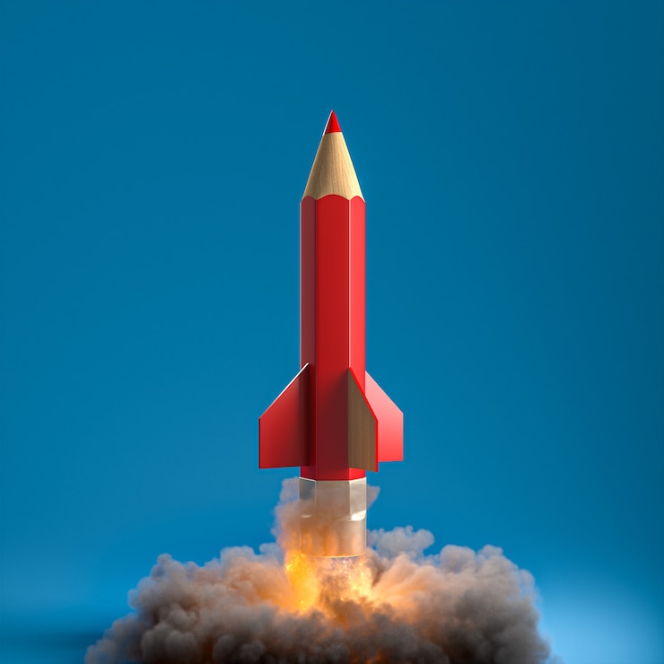 Foto bleistift in form einer rakete mit rauch und flammen. kreativität und startup-konzept. 3d rendern.
