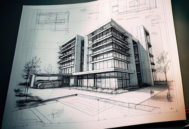 Bleistift-Konzeptskizze eines modernen Gebäudes, das mit generativer KI erstellt wurde