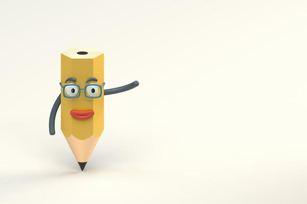Bleistift Zeichentrickfigur mit weißem Hintergrund 3D-Rendering