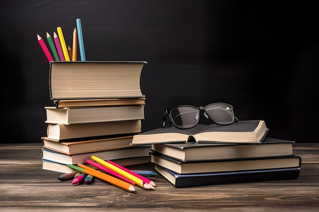 Bleistifte, Bücher und Brillen auf einem Schreibtisch mit einer Tafel im Hintergrund. Bildungskonzept zum Lehrertag