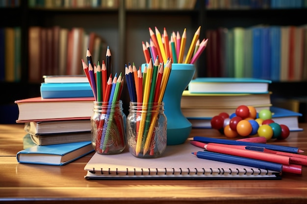Bleistifte im Bleistiftkoffer und Bücher auf dem Tisch