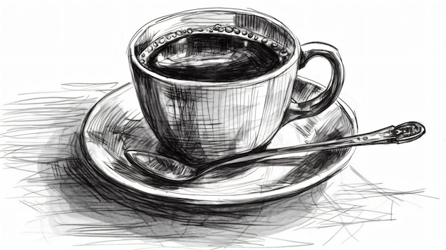 Foto bleistiftskizze einer tasse kaffee mit isoliertem weißen hintergrund
