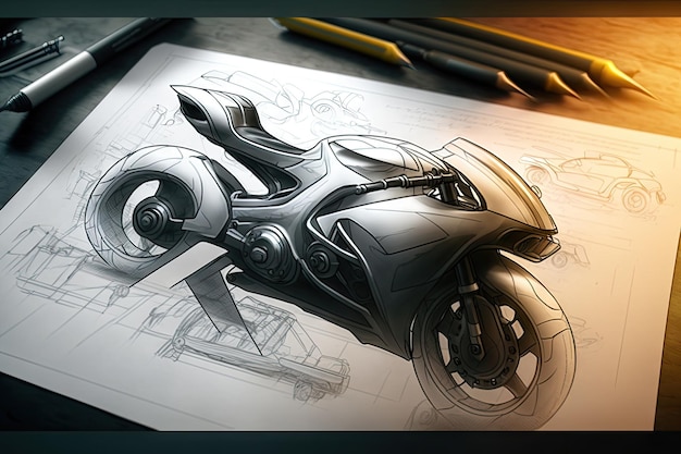 Foto bleistiftskizze eines eleganten futuristischen motorrads mit fortschrittlicher technologie, erstellt mit generativer ki