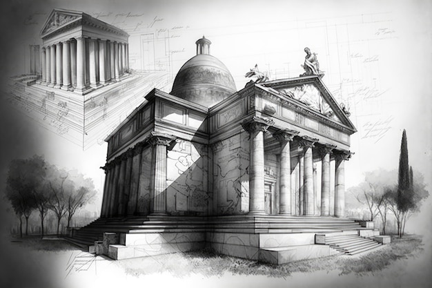 Bleistiftskizzenzeichnung römischer Bauarchitektur und Wahrzeichen der Stadt