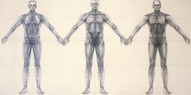 Foto bleistiftzeichnung des menschlichen körpers mit symmetrischem raster und höhenmarkierungen