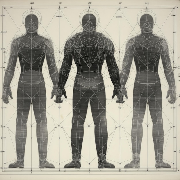 Foto bleistiftzeichnung des menschlichen körpers mit symmetrischem raster und höhenmarkierungen
