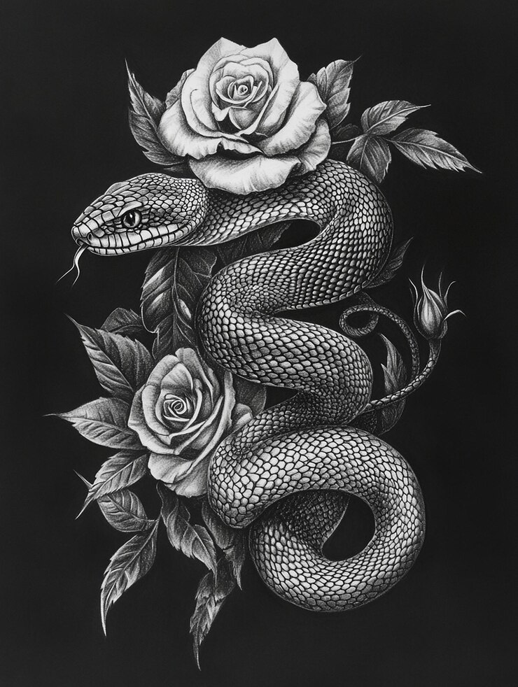 Foto bleistiftzeichnung von schlange- und rosen-tattoo-design
