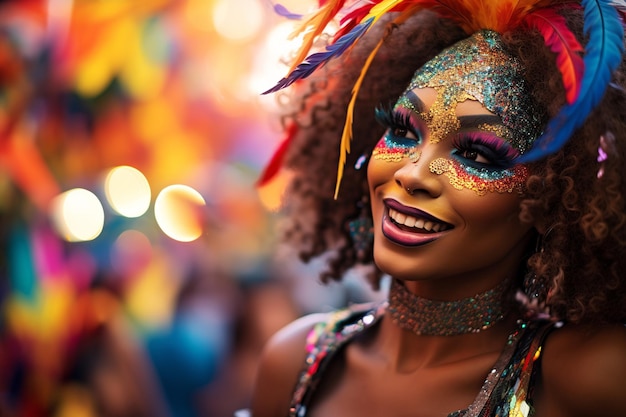 Blendende Karnevalsfrau in Sequin-Kostüm und stilvoller Maske