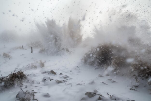 Foto blendender schneesturm mit in alle richtungen fliegendem schnee und eis, erzeugt mit generativer ki