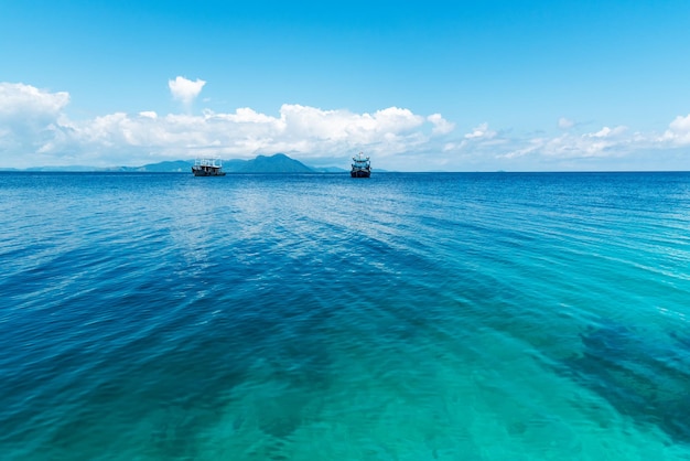 Blick auf azurblaues, sauberes und transparentes Wasser mit Kräuselungen und Mustern in Semporna Sabah Borneo