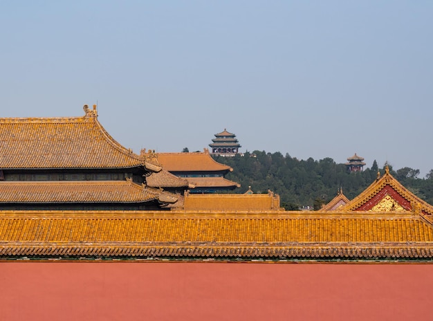 Blick auf Dächer und Schnitzereien in der Verbotenen Stadt in Peking