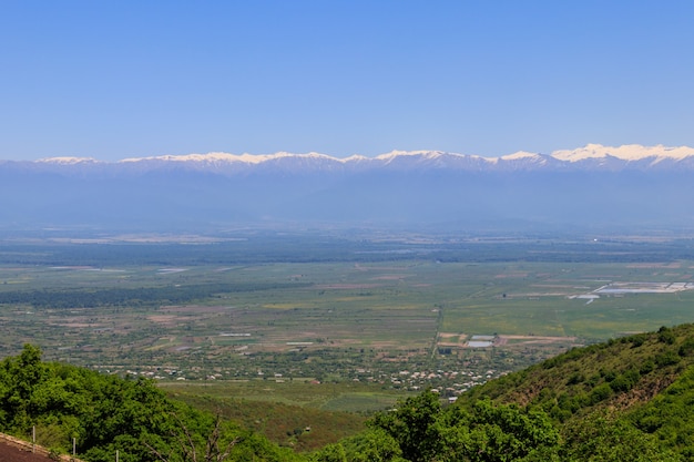 Blick auf das Alazani-Tal und die Kaukasus-Berge von Sighnaghi, Kachetien, Georgia