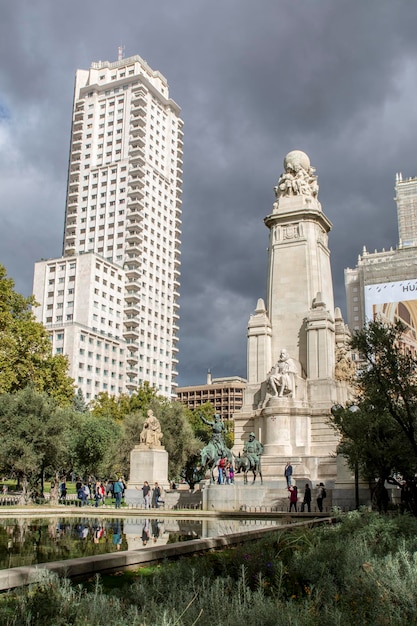 Blick auf das Cervantes-Denkmal auf dem Platz von Spanien