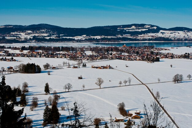 Blick auf das Feld und die Berge in Schwangau, Deutschland.