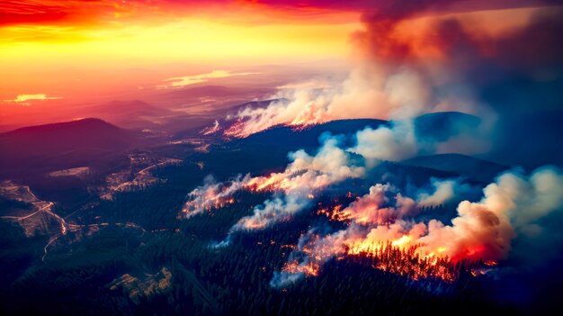 Blick auf das Feuer in den Bergen aus Vogelblick Generative KI