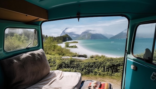 Foto blick auf das meer und den strand aus dem inneren eines oldtimer-vans für camping und reisen, generiert durch ki