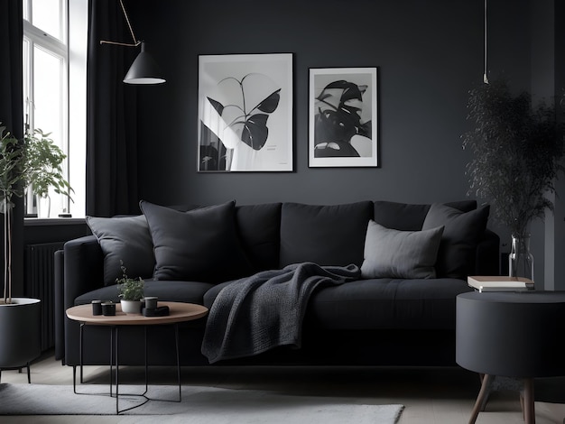 Blick auf das moderne Interieur im skandinavischen Stil mit Sofa, Nahansicht, dunkles Thema, generierte KI