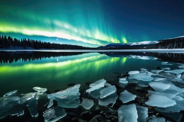 Foto blick auf das nordlicht, das einen klaren, gefrorenen see beleuchtet