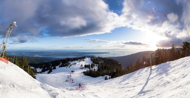 Blick auf das Skigebiet Top of Grouse Mountain mit der Stadt im Hintergrund