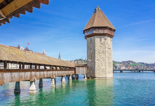 Blick auf das Stadtzentrum von Luzern mit der berühmten Kapellbrücke und dem Vierwaldstättersee