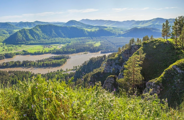 Blick auf das Tal des Flusses Katun im Altai-Gebirge an einem Sommertag