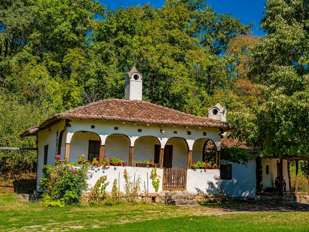 Blick auf das traditionelle serbische Haus aus dem 19. Jahrhundert in Lepenski Vir, Serbien