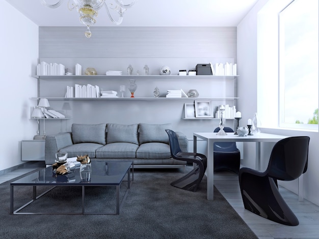 Blick auf das Wohnzimmer mit Esstisch. Zeitgenössisches Design der Lounge mit weißen Wänden, Couchtisch aus Glas, weißem Esstisch mit eleganten gotischen Stühlen. 3D-Rendering