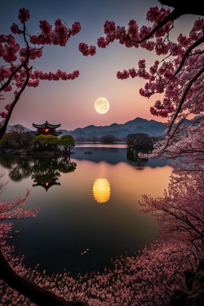 Blick auf den aufgehenden Vollmond über dem See mit generativer KI im Hintergrund