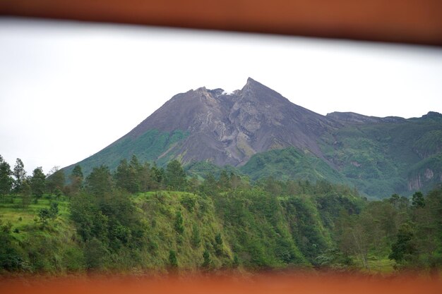 Blick auf den beeindruckenden Berg Merapi mit einer Reihe grüner Bäume