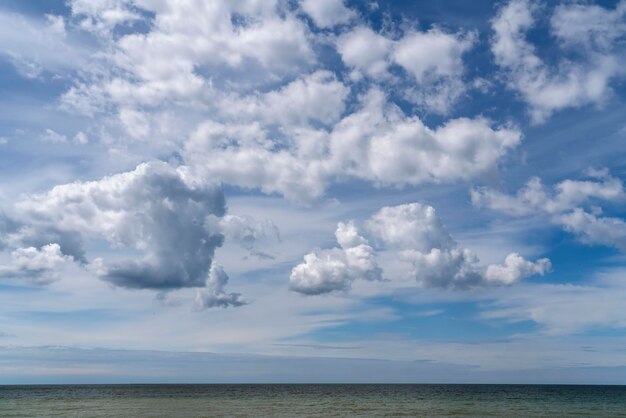 Blick auf den blauen Himmel mit weißen Wolken über der Ostsee an einem sonnigen Tag