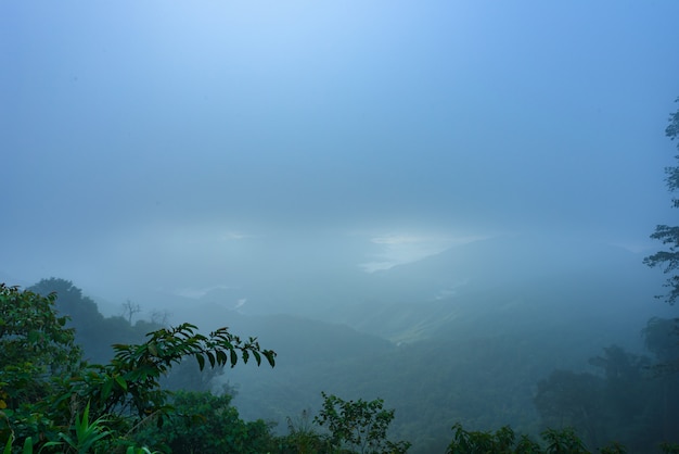 Blick auf den Gebirgszug und das Nebelmeer am Morgen