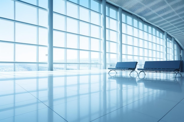 Blick auf den Innenraum des Flughafens, leere Stühle in der Abflughalle, KI-generiert