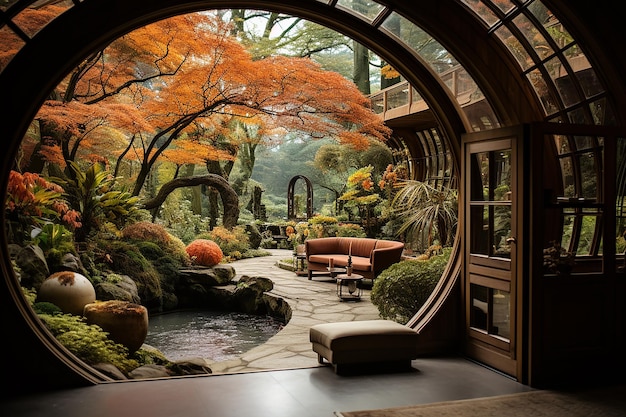 Blick auf den japanischen Garten durch ein rundes Fenster im traditionellen Tempel