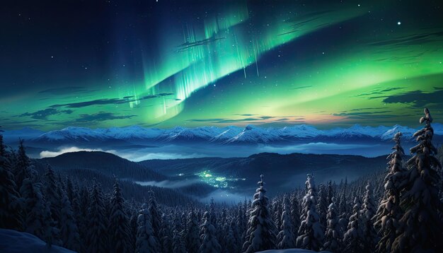 Foto blick auf den nachthimmel mit polarlicht und bergspitzen im hintergrund die nacht leuchtet in einem lebendigen polarlicht