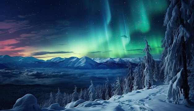 Foto blick auf den nachthimmel mit polarlicht und bergspitzen im hintergrund die nacht leuchtet in einem lebendigen polarlicht