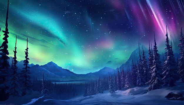 Blick auf den Nachthimmel mit Polarlicht und Bergspitzen im Hintergrund Die Nacht leuchtet in einem lebendigen Polarlicht