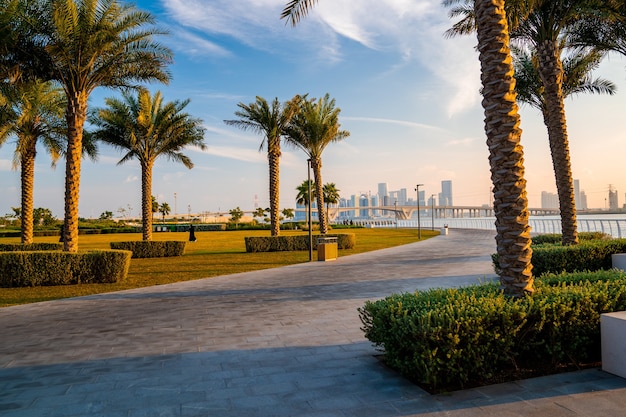 Blick auf den Park von Abu Dhabi, Vereinigte Arabische Emirate. Magische Straßen von Abu Dhabi mit hohen Glasgebäuden über der Bucht.