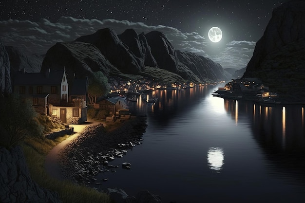 Blick auf den ruhigen Fluss in einer Mondnacht.Generative Ai