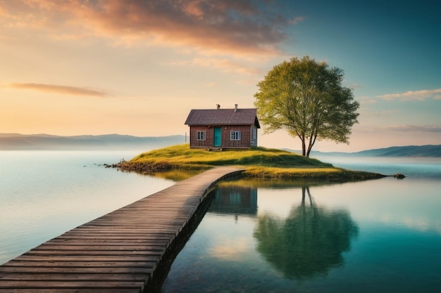 Blick auf den See, Berg mit kleinem Baum bei Sonnenuntergang, friedliche Landschaften, Bild, Entspannung, Schwingungen.